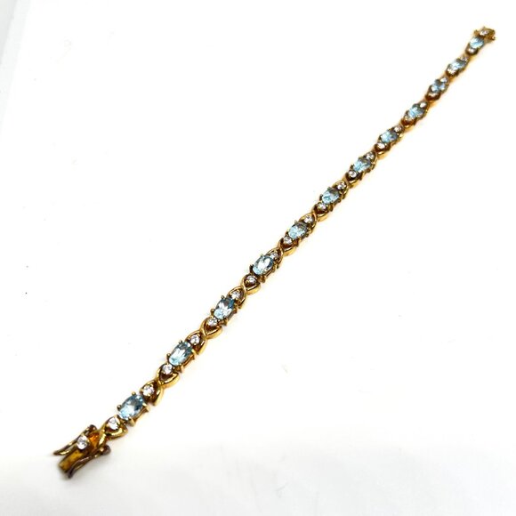 VINTAGE DBJ 925 VERMEIL BLUE TOPAZ CZ TENNIS BRACELET GOLD STERLING SILVER 7” - Picture 8 of 14